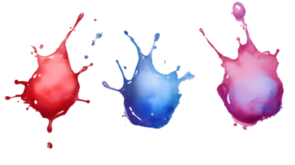 Watercolor red purple blue splash drops isolated on transparent background