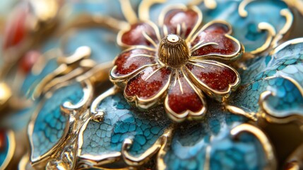 Naklejka premium Close-up of a Red Flower with Gold and Blue Accents