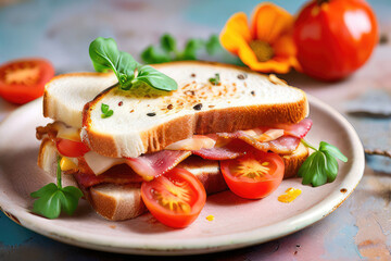 Sandwich with edible flowers of Nasturtium.