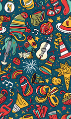 Fototapeta premium 2D illustrated New Year card in a cute graphic style seamless pattern.