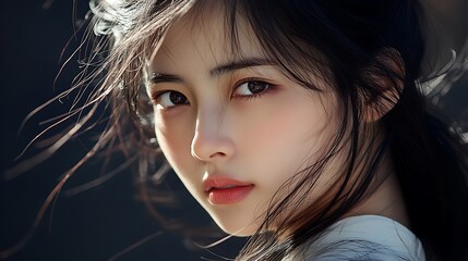 Asian girl, clear facial features, gentle wind, full-body portrait shot,