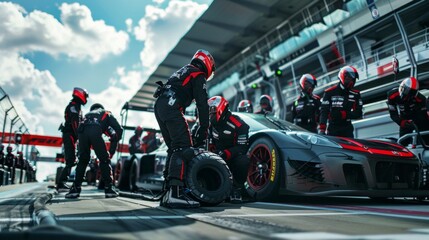 Obraz premium A fast-paced pit crew at a racing event works on a sleek car with red accents, showcasing teamwork and preparation for the race.