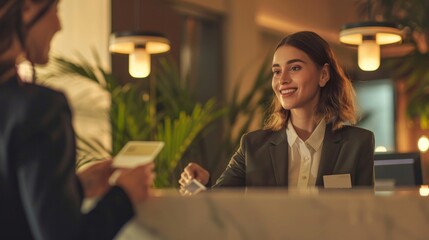 In a hotel lobby, a woman in a black blazer hands a key card to a customer, both exchanging smiles. The friendly atmosphere highlights efficient service typical of a hotel reception.