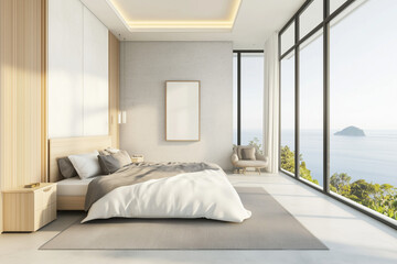 Luxury minimalist bed room, two floor high ceiling. Sea view outside the window. Spacious cozy bed.