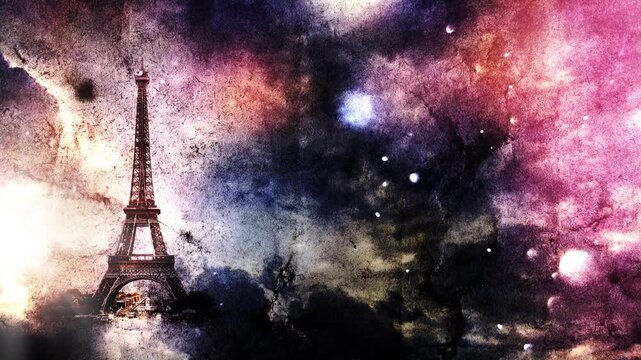 Eiffel Tower appears smoothly on old grunge paper with time lapse of clouds in the sky at sunset with slow motion video of dust flying in the air. Creative, combined 3D 4K parallax video.