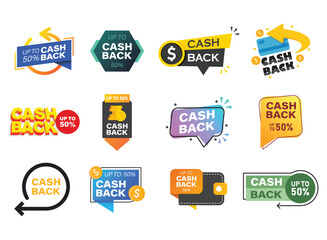 Naklejka premium Cashback icon set in flat style. Money back label vector illustration on isolated background. Cash back poster sign business concept.