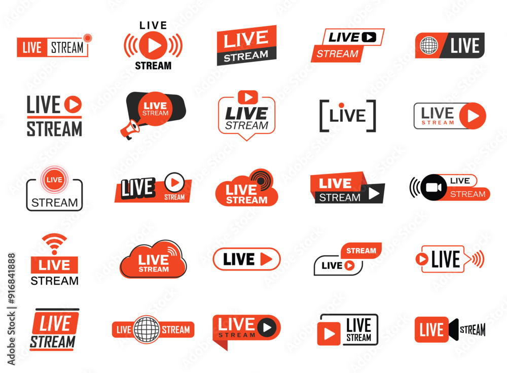 Poster live stream button icon set in flat style. webinar vector illustration on isolated background. strea