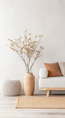 Japanese interior design composition with wabi sabi minimalist decor in warm colors. Oriental inspired interiors in neutral colors with copyspace.