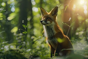 Wild fox in summer natural forest
