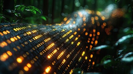 Digital binary code data streaming on a dark, greenish abstract background, reflecting the concept of technology