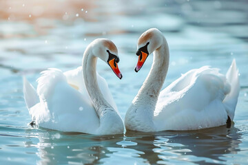 Obraz premium Two white swans swimming in the lake