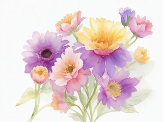 Bright flowers in watercolor isolated on a clear or white background
