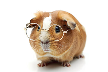Fototapeta premium Guinea pig wearing round glasses isolated on a white background
