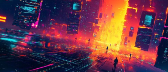 Obraz premium Cyber defense in a vast digital ocean. Pulsating screens and avatars guarding the perimeter, cyberpunk style.