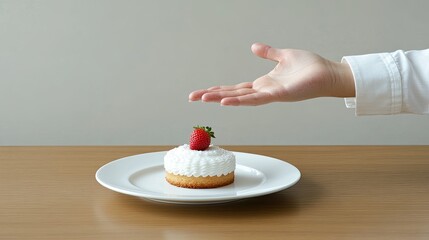 A hand makes a stop gesture beside a plate of cake topped with strawberries, reflecting a mindful approach to dessert during a casual dining experience
