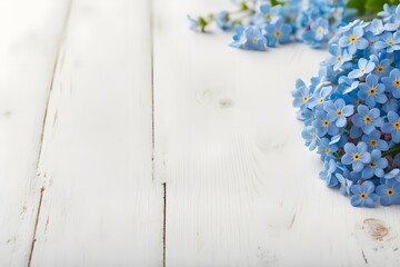 Forget me not flowers on white wooden table, Ai Generated
