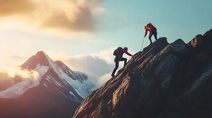 Two people are climbing a mountain together
