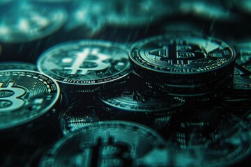 A collection of Bitcoin coins representing cryptocurrency and digital finance.