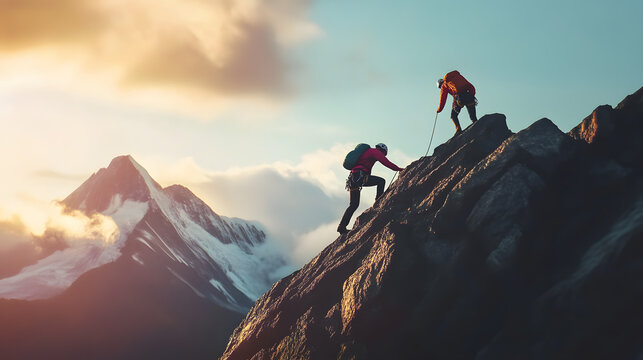 Two people are climbing a mountain together