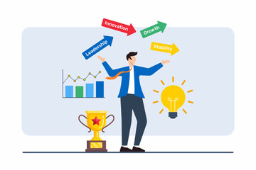 Flat illustration of businessman juggling multiple arrows symbolizing balance of career decisions and future prospects