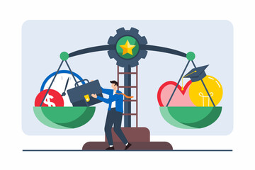 Flat illustration of professional weighing options on scale symbolizing career decision-making