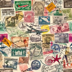 A collage of vintage travel stamps, postcards, and airplane illustrations.