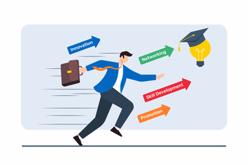 Flat illustration of businessman running through series of arrows representing rapid career progress and choices
