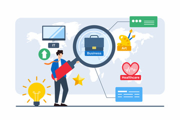 Flat illustration of person with magnifying glass examining various career opportunities on map