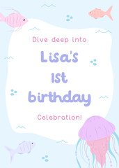 Under-the-sea first birthday invitation. Cute flat design with fish, bubbles, and jellyfish in soft underwater colors for a kids' party.