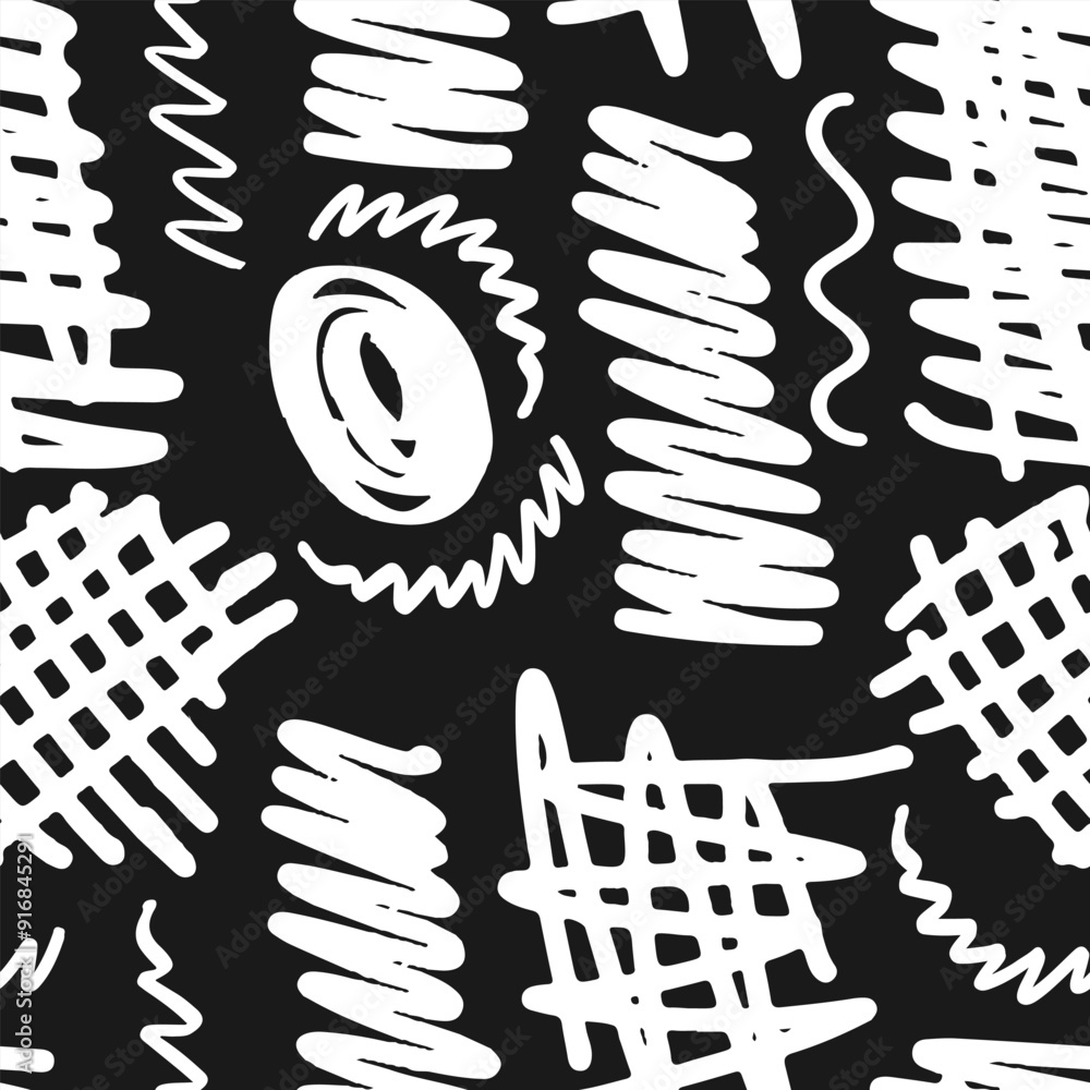 Poster seamless pattern with randomly placed white scribbles on a black background. vector illustration