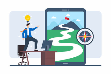 Flat illustration of person mapping out future career goals with visual path of opportunities and success