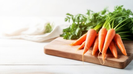 Bunch of fresh carrots with green leaves on wooden board over white background