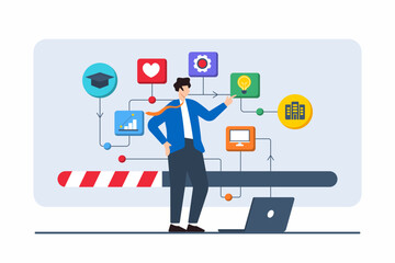 Flat illustration of person interacting with digital interface showing various career choice options and growth paths