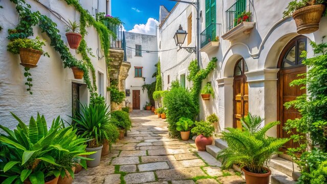 Serene Italian ambiance unfolds with lush green pteridophyte leaves amidst cobblestone streets, white buildings, and vibrant potted plants in sunny Puglia.
