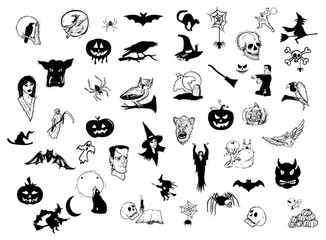 Set of Halloween silhouettes black icon and character. Vector illustration Isolated on white background