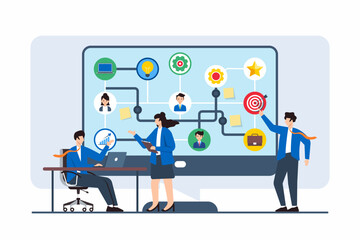 Flat illustration of team using flow diagram to explore different career strategies and opportunities on computer screen