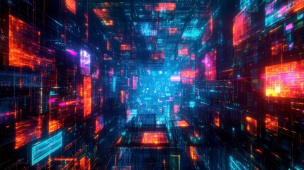 Obraz premium Cyber defense in a vast digital ocean. Pulsating screens and avatars guarding the perimeter, cyberpunk style.
