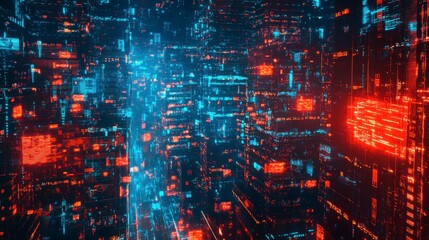 Obraz premium Cyber defense in a vast digital ocean. Pulsating screens and avatars guarding the perimeter, cyberpunk style.