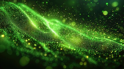 Digital binary code data streaming on a dark, greenish abstract background, reflecting the concept of technology 