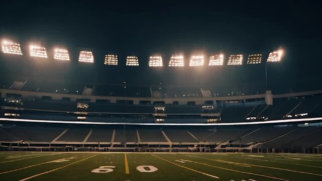 Empty Football Stadium at Night with Bright Lights