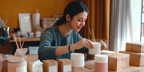 Woman Crafting Handmade Candles in a Cozy Workspace - DIY Candle Making