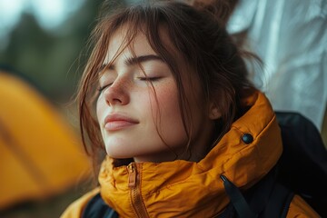 Peaceful Moment: Young Woman in Cozy Winter Attire Breathing Fresh Outdoors