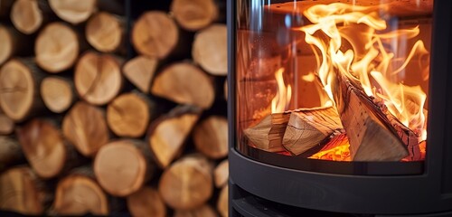 Flames in a modern log burner, wood logs rack adjacent, winter home warmth.