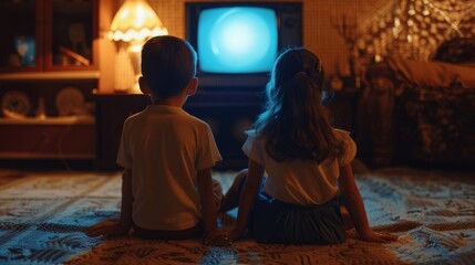 Close up and back view of two children, a boy and a girl, sitting on the carpet of the floor watching television in retro style in a dark old fashioned room
