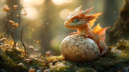 Obraz premium Whimsical Depiction of a Baby Dragon Hatching from a Colorful Egg in a Enchanted Forest Setting - Perfect for Seasonal Decor and Fantasy Art Enthusiasts Embracing Magical Worlds