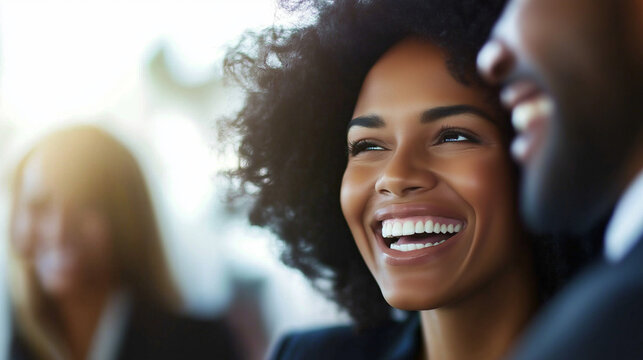A group of business people mingling at a conference, laughing and having fun working together
