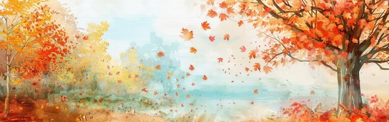 Watercolor Painting of a Tree With Falling Autumn Leaves Near a Body of Water