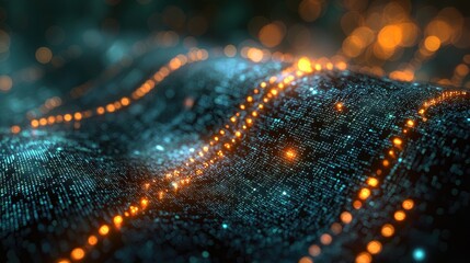 Digital binary code data streaming on a dark, greenish abstract background, reflecting the concept of technology 