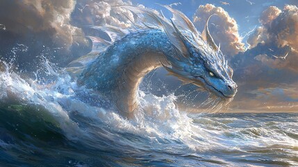 Fototapeta premium Mystical Water Dragon Ascending from the Abyss, Showcasing Glimmering Iridescent Scales Against a Turquoise Backdrop, Ideal for Fantasy Art
