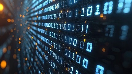 Digital binary code data streaming on a dark, greenish abstract background, reflecting the concept of technology 